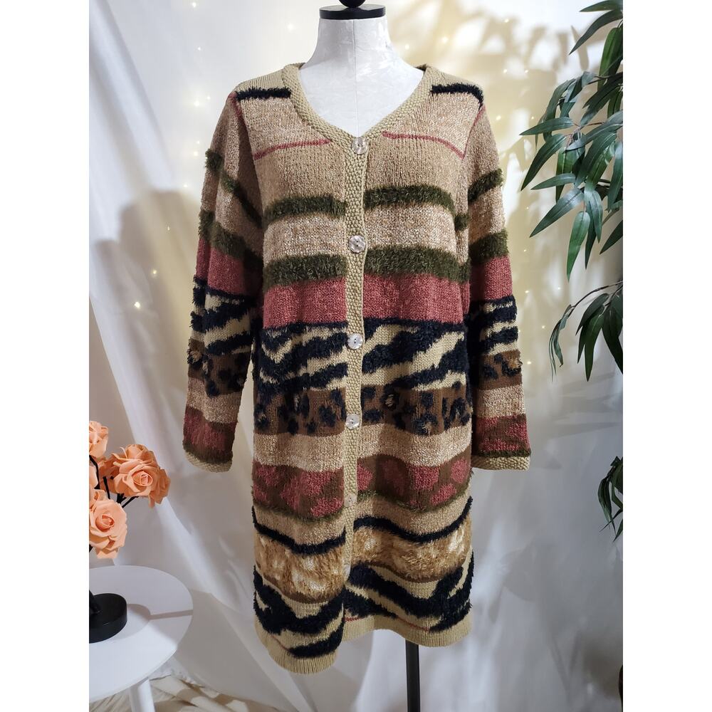 Vtg Susan Bristol Mixed Animal Print Button Long Cardigan Sweater Size 1W Wool
